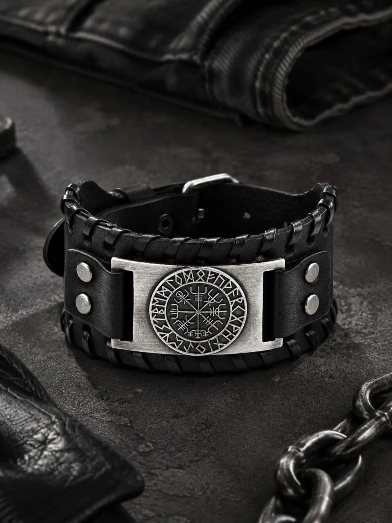 Vintage Viking Compass Leather Bracelet, Punk Style Braided Wide Bangle, Unisex Fashion Jewelry, Ethnic Pattern, All Seasons