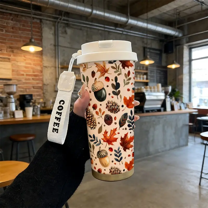 530ML Insulated Coffee Cup with Strap, Autumn Forest Leaf Design, Stainless Steel Mug, Leak-Proof, Keeps Drinks Hot/cold, Gift for Loved Ones