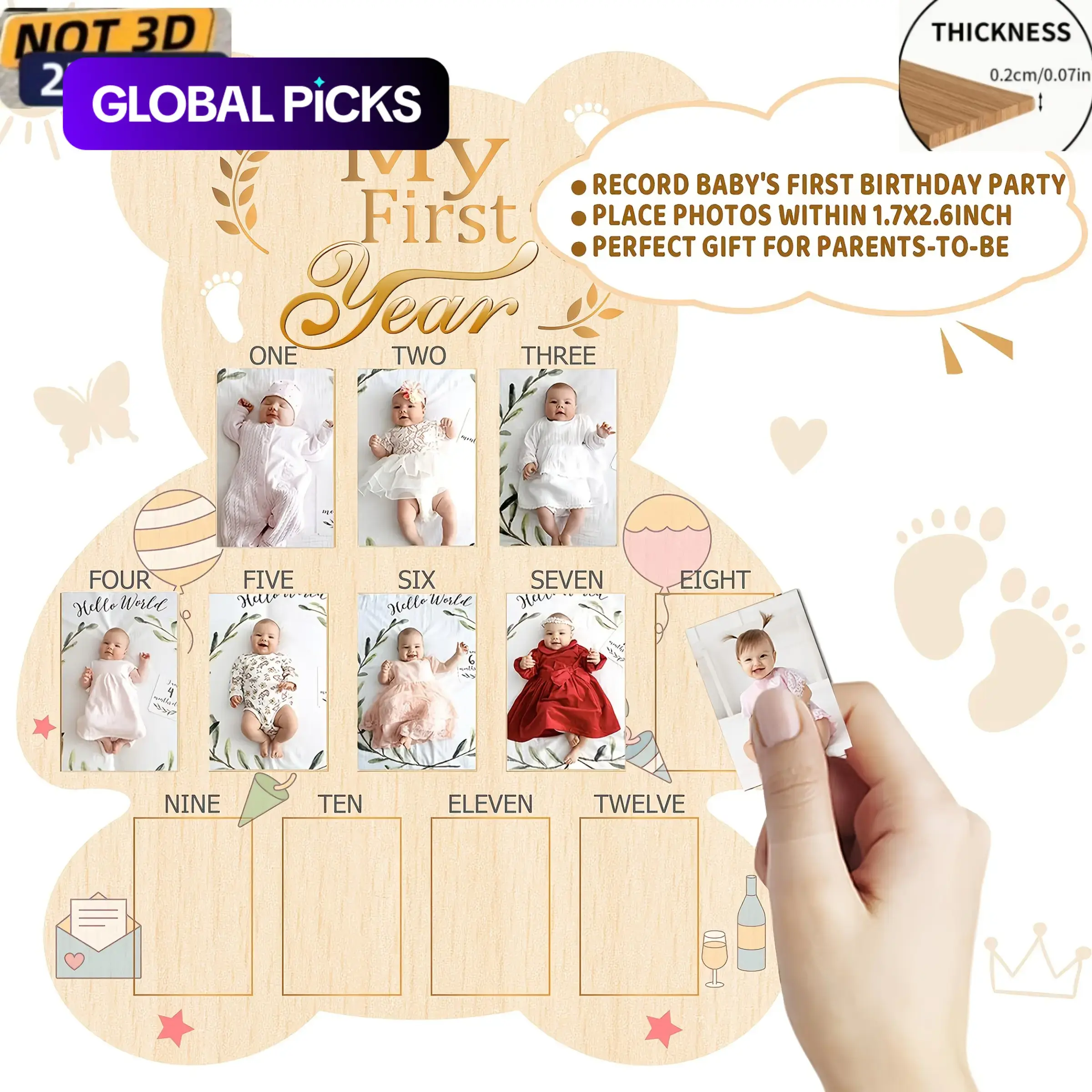 Wooden Bear Baby Milestone Photo Board, 12 Months Newborn Growth Memory Frame, Wall Decor, Home Wall Decor, Baptism Gift, 1st Birthday Photography Props #GLOBAL PICKS