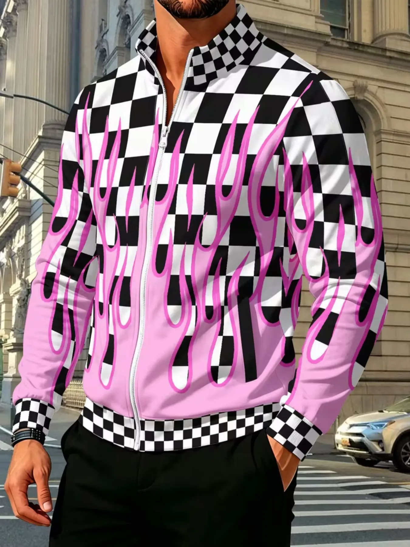 Men's Flame Checkered Stand Collar Zipper Jacket, Casual Long Sleeve Outerwear, Subculture Style, Prints, Ideal for Outdoor Activities