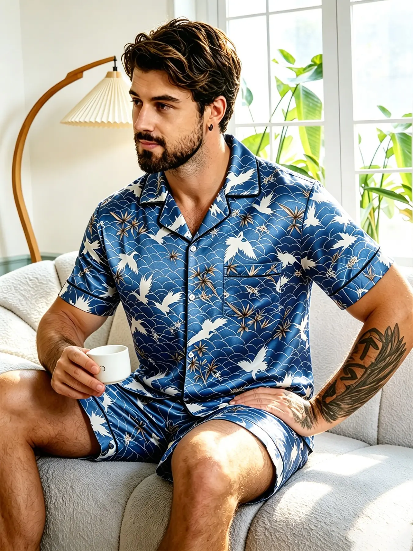 Men's Leopard Short Sleeve Loose Fit Collared Button Front Cardigan Pajamas, Menswear, Loungewear, Nightwear, Pyjamas, Pjs, Fashionable Comfortable Casual Daily Two-Piece Set