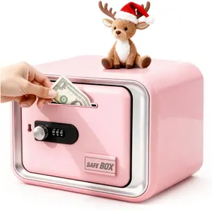 Pink Retro Mini Digital Combination Safe Box for Kids Piggy Bank Educational Toy with Santa Hat Christmas Gift for Girls Savings Bank Money Management Tool