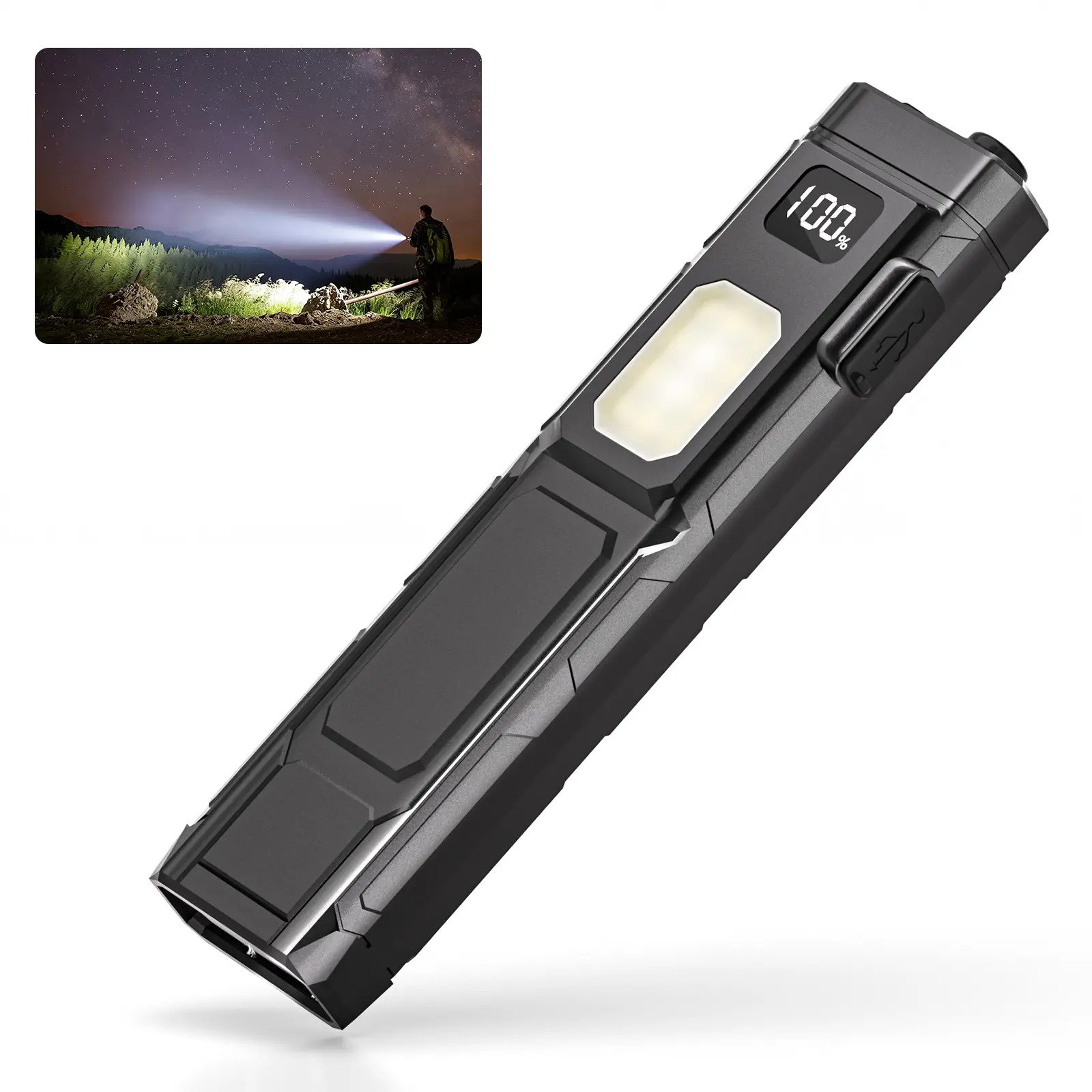 SKYWOLFEYE EDC04 Rechargeable LED Flashlight with Digital Power Display, 500 Lumens High Power COB Side Light, Ultra Light Pocket Torch for Home Power Outage Emergency, Car Use & Hiking