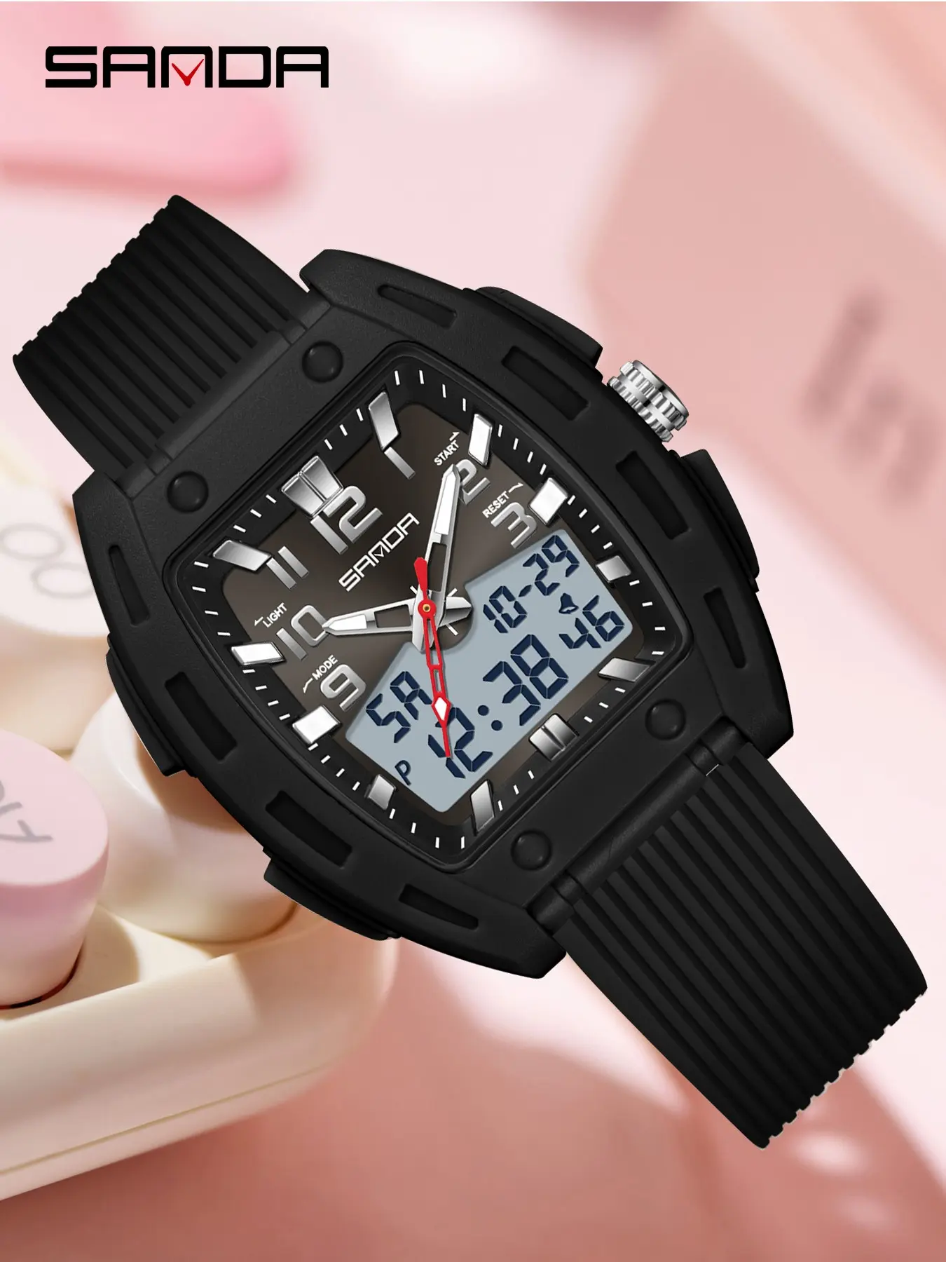 SANDA 6330Top Brand Men Quartz Wristwatch Casual Sport Chronograph 5Bar Waterproof Luminous Double Calendar Luxury Watch, Men's Sportive Analog-digital Quartz Watch, Fashionable Luminous & Alarm & Calendar Function, with Box and Handline