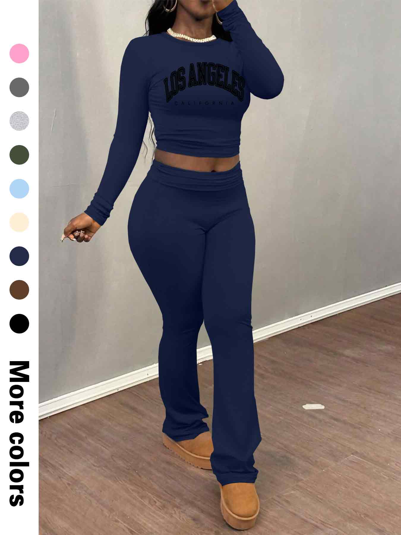 Women's Letter Print Long Sleeve Crop Tee & Plain Flare Leg Pants Two-Piece Set, Casual Fashion Cozy Round Neck Top & Bell Bottom Trousers for Daily Outdoor Wear, Women's Clothing for Fall & Winter