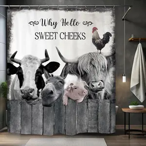 Funny Farm Animals Shower Curtain Why Hello Sweet Cheeks Quote Waterproof Bathroom Decor Set with Hooks Cute Cow Donkey Pig Highland Cow Rooster Bath Curtains Washable Polyester Fabric Toilet Screen Country Rustic Home Restroom Decoration Panel Gift