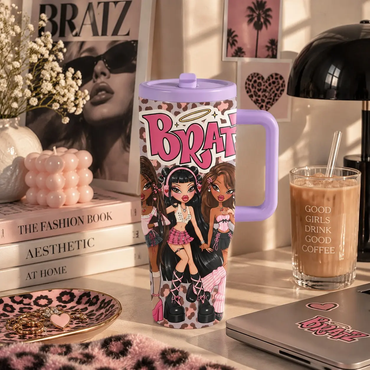 1PC 40oz Insulated Tumbler, Portable Insulated Tumbler, Insulated Vacuum Tumbler with Handle, Bratz Inspired Leopard Print Design, Double Wall Stainless Steel Travel Cup with Lid, Cup Holder Friendly, for Gym, Car, Y2K Aesthetic Gift for Friends