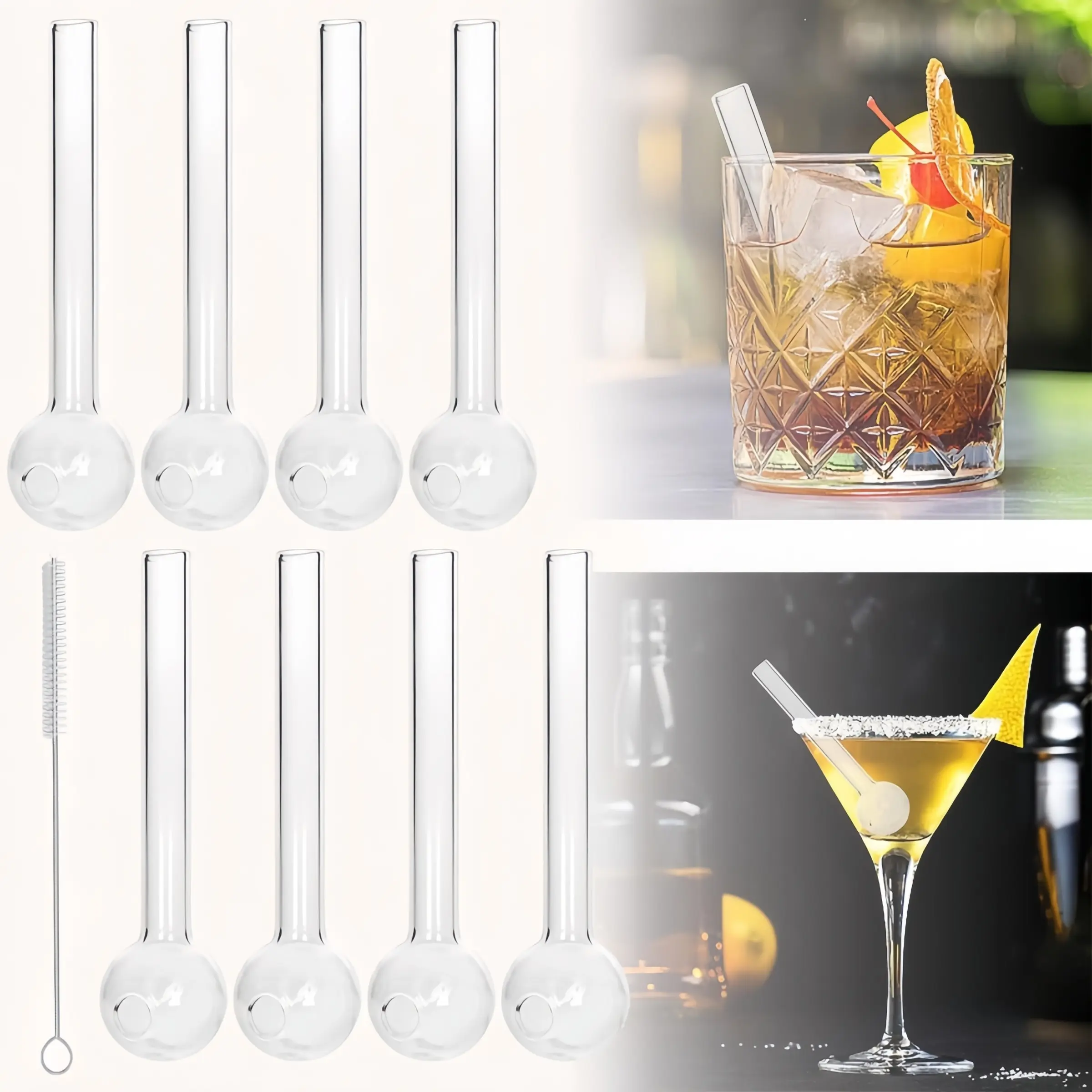 8-Pack Creative Round Tip Glass Straws, Reusable and Easy to Clean, Includes Cleaning Brush, Ideal for Outdoor Travel, Couples, Parties