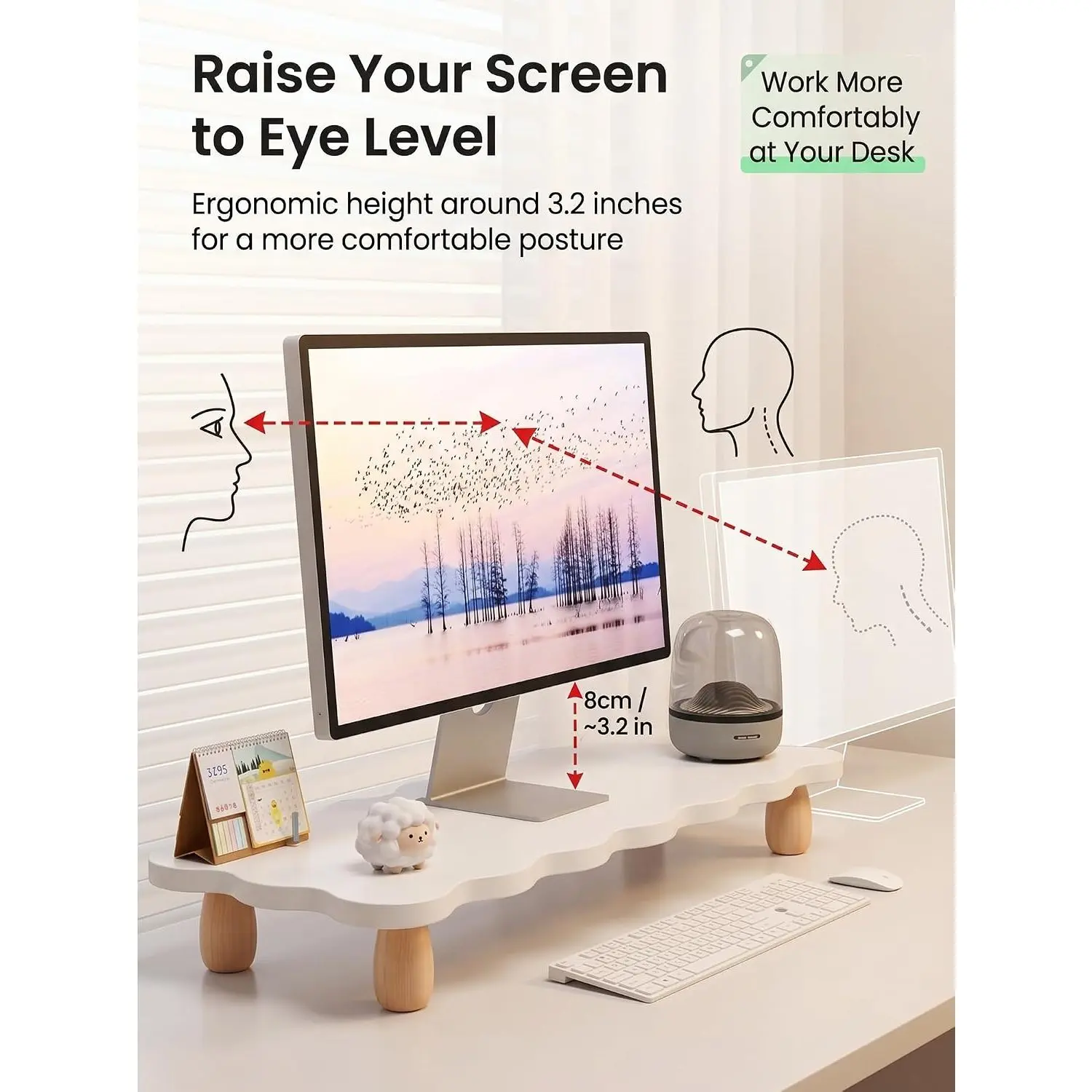 White Monitor Riser Stand, Desktop Organizer, Laptop & Monitor Holder| Multifunctional Wood Ergonomic Monitor Stand, Cute Cloud Shaped Laptop Riser