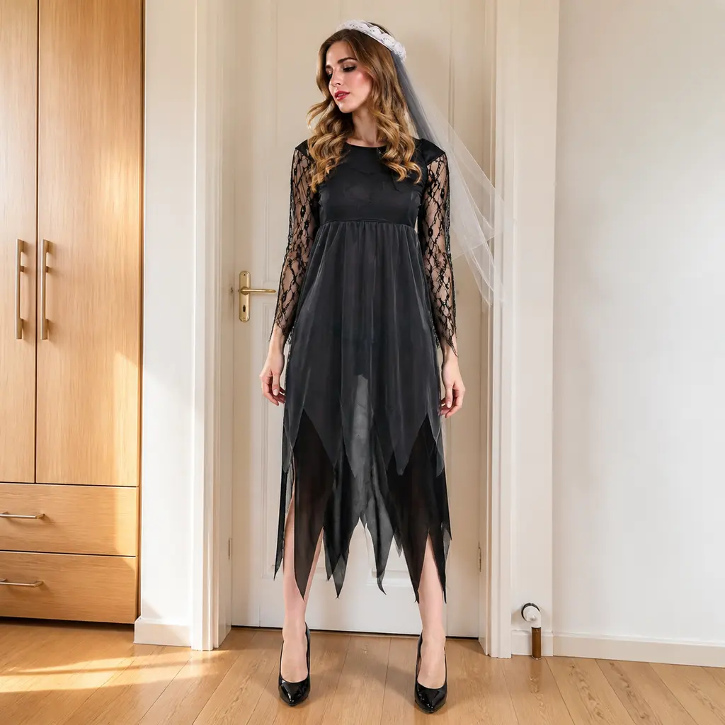 Women’s Halloween Vampire Bride Costume, Black Gothic Dress with Sheer Overlay and Tattered Hem