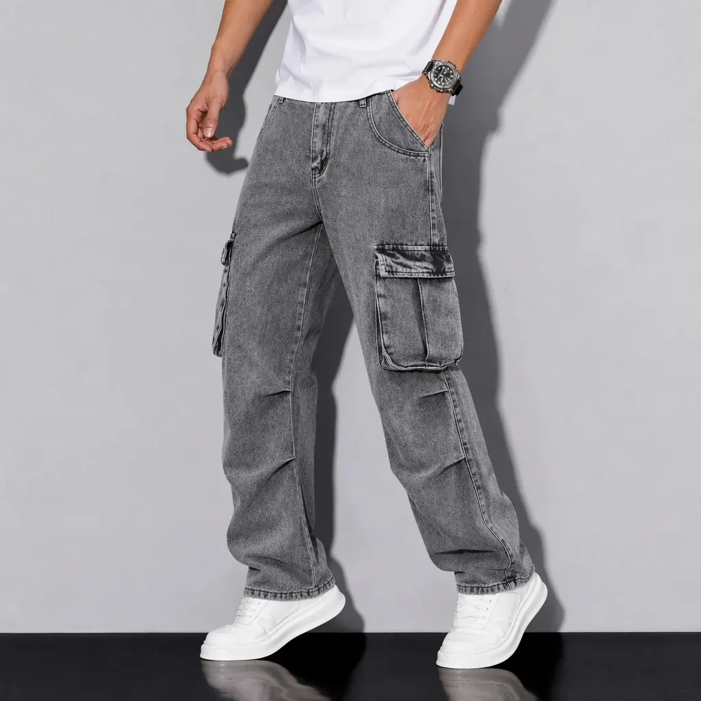 Men's Acid Wash Charcoal Denim Cargo Jeans,High-Street Knee Pleated Utility Pants,Y2K Streetwear Trouser,Wide-Leg Denim Cargo Jeans
