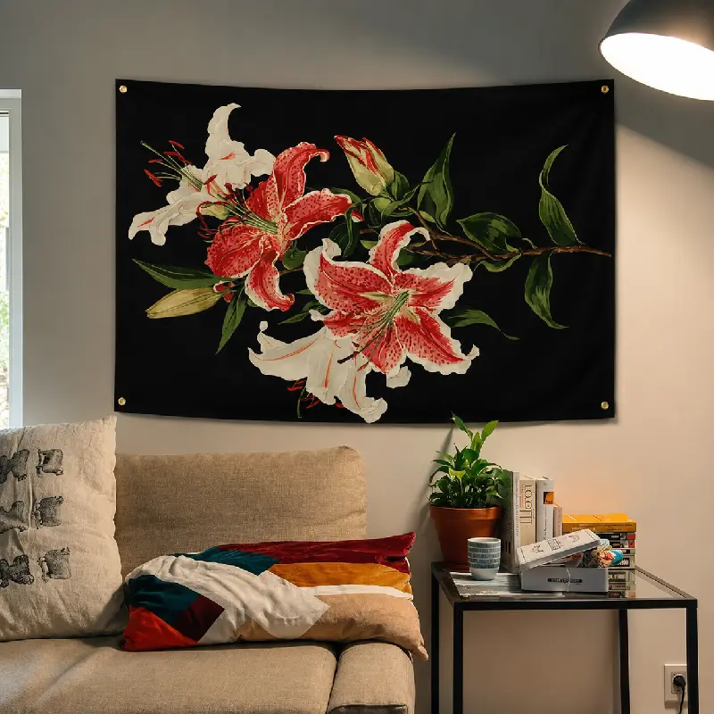 Red White Lily Floral Tapestry 5ft x 3ft 60in x 40in, Black Background Botanical Wall Hanging Tapestry for Bedroom Dorm Living Room Accent Wall Headboard Backdrop, Peach Skin Fabric Indoor Outdoor Home Decor Wall Art Gift for Flower Room Decor