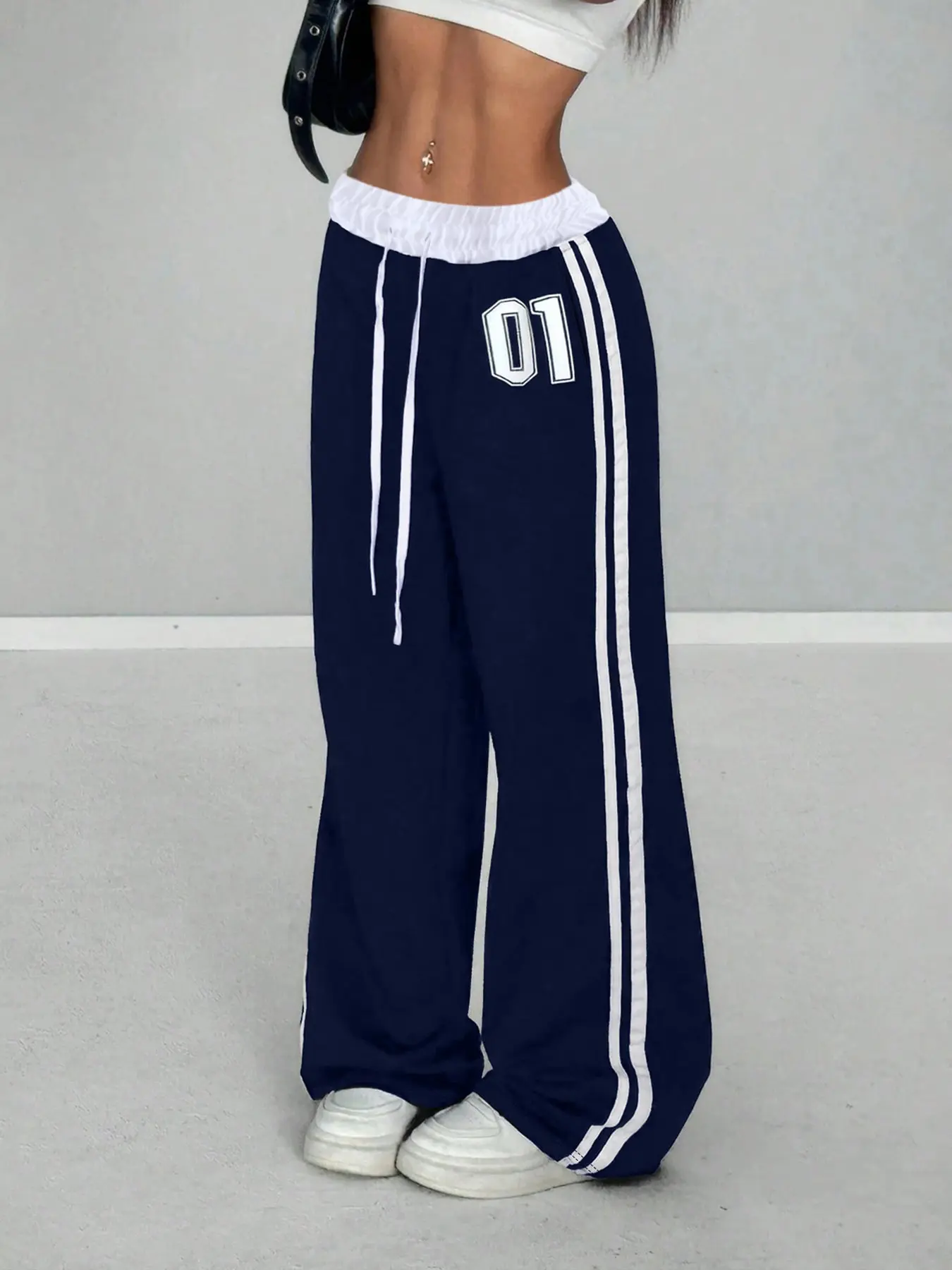 Women's Wide-Leg Sweatpants With Double White Side Stripes, High-Waisted Drawstring Elastic Waist Trousers Printed With Number 01, Perfect For Y2K, Hip Hop, Street And Sport Outfits