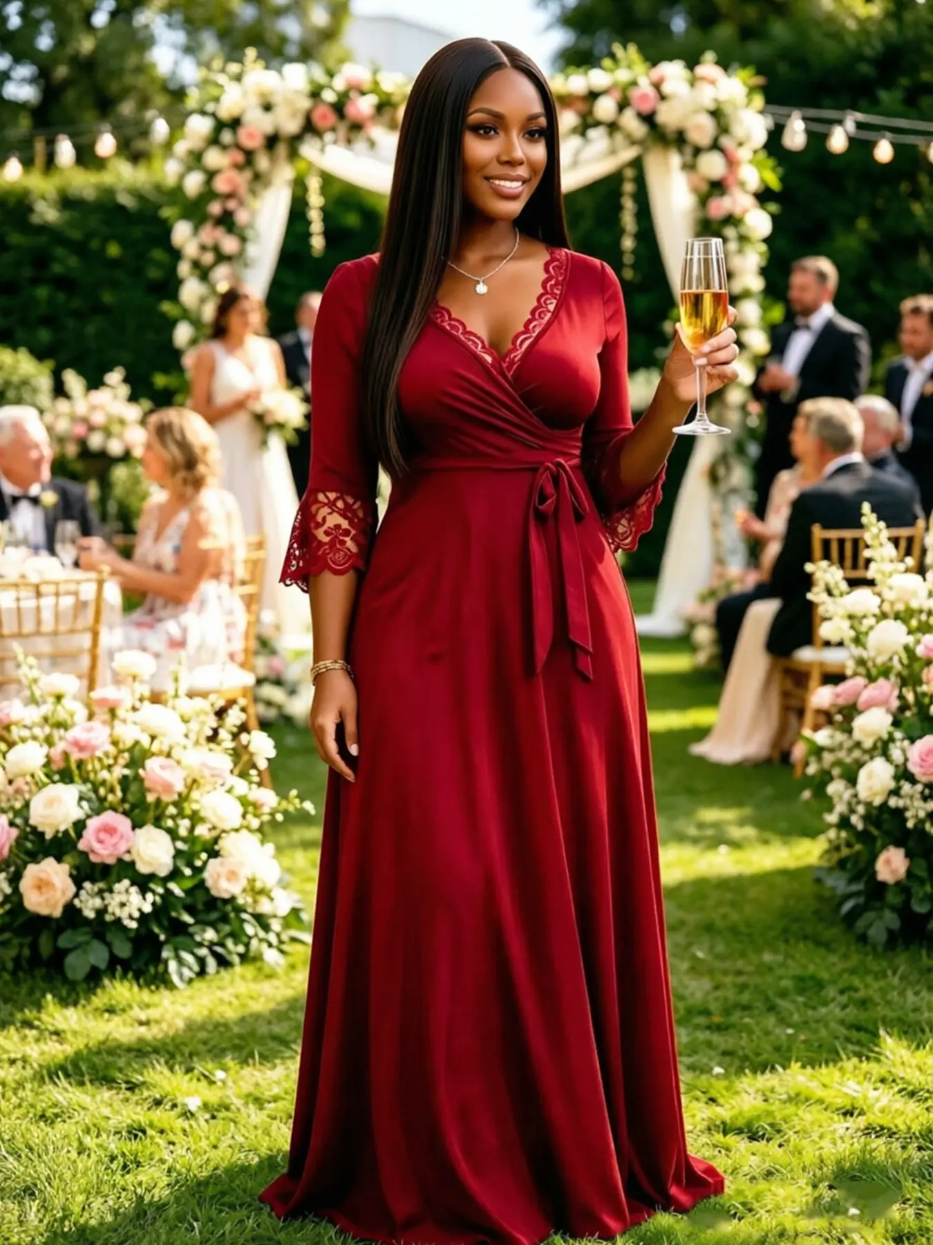 Sexy Lace V-Neck Waist-Cropped Flared Sleeve Women's Long Dress, Elegant Chic Evening Wear Gown, Evening Formal Wear, Perfect for Mother's Day, Valentine's Day, Graduation Party, Cocktail Event
