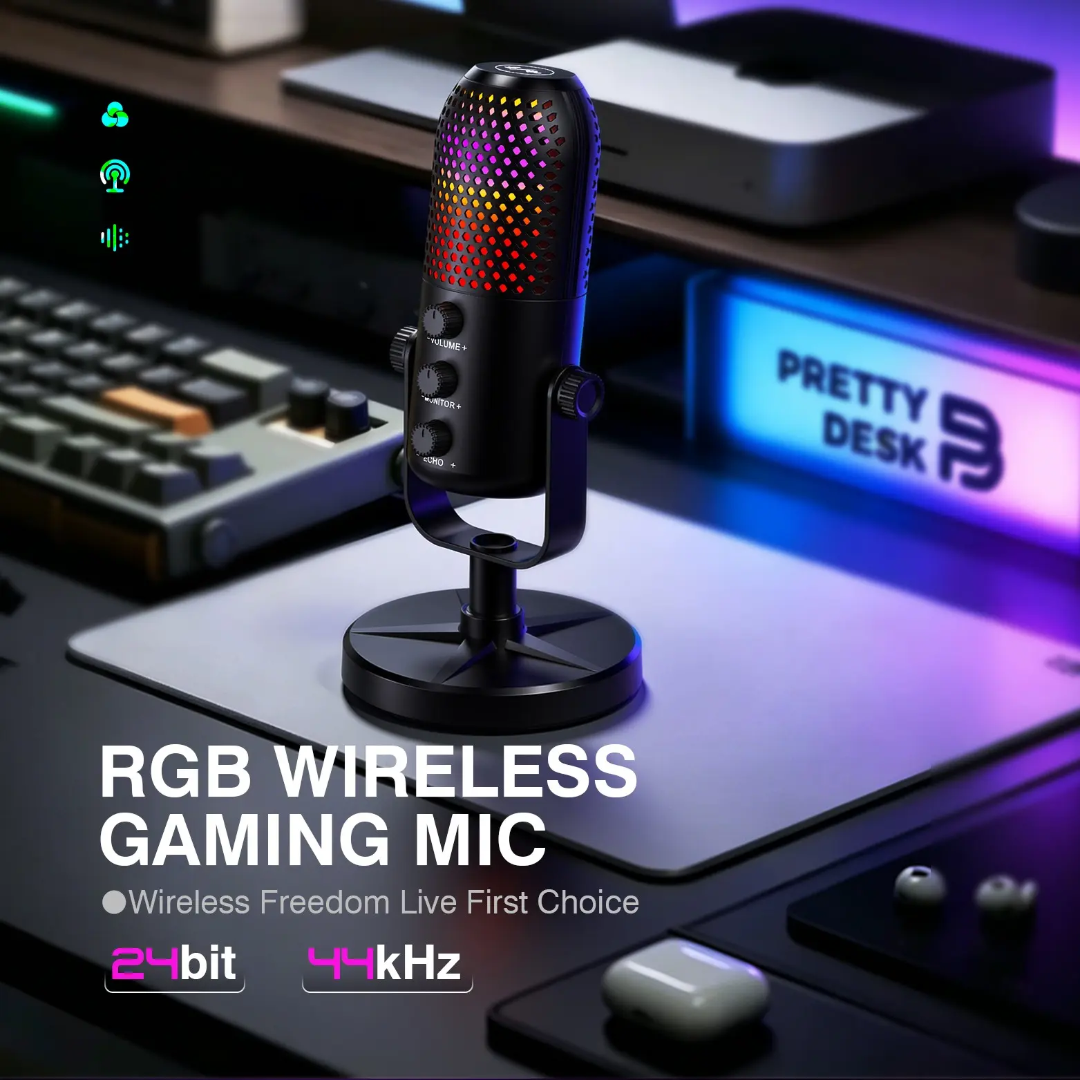 Game Streaming Desktop Microphone, USB Condenser Mic with Quick Mute, Shockproof Stand, RGB Lights, Pop Filter, Round Base, Ps5/ps4/PC Compatible