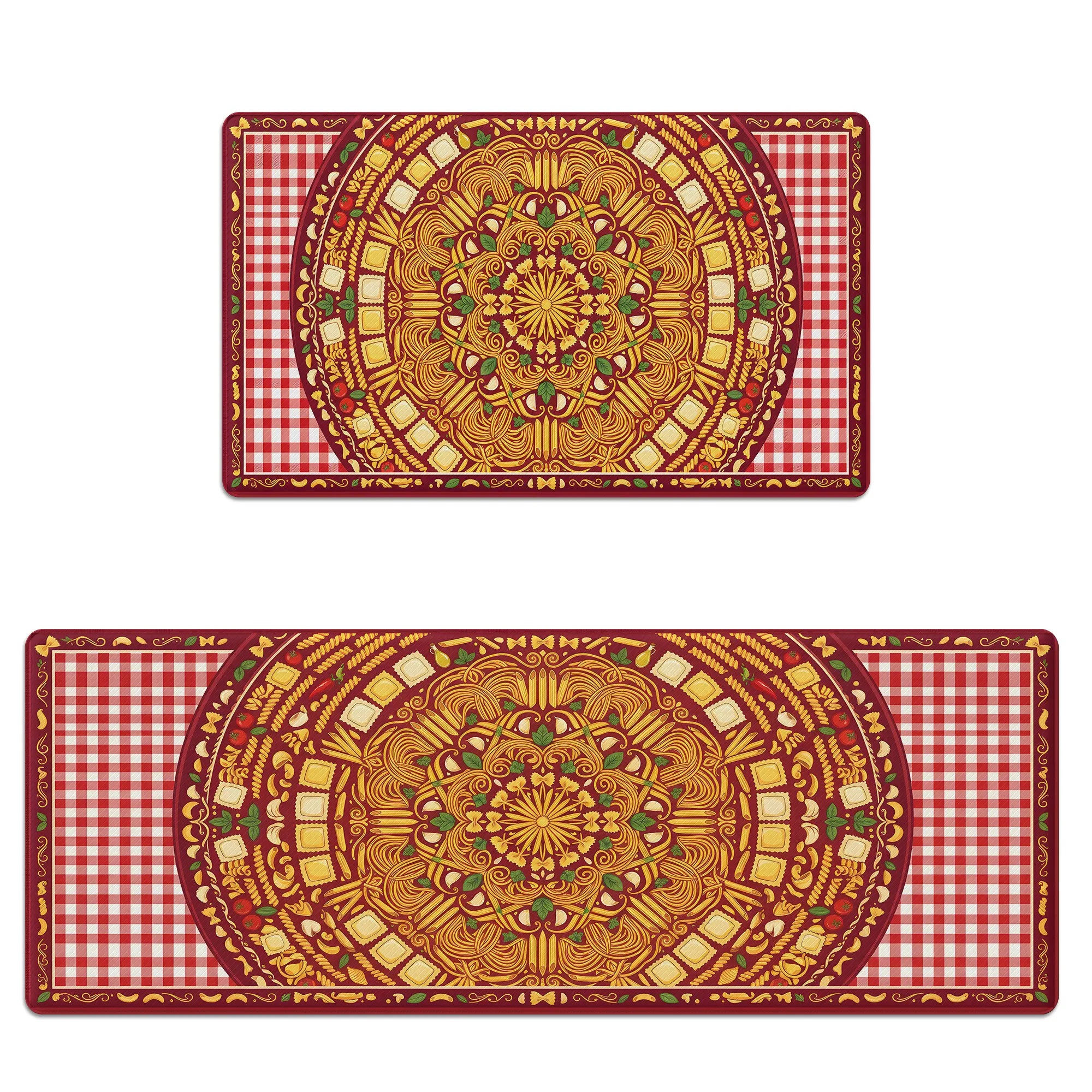 Kitchen Mat Set Anti-Fatigue Cushioned Memory Foam Non-Slip Scratch-Resistant & Waterproof Pasta Mandala Red Gingham Kitchen Rug