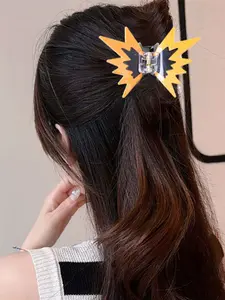 Cute Explosion Lightning Hair Claw Clip, Two Tone Black & Orange Acrylic Shark Clip, Fun Claw Clips, Hair Bun Accessories, Super Cute Clips, Fun Punk Style Back Head Bun Hair Accessory for Teen Girls Daily Outfit