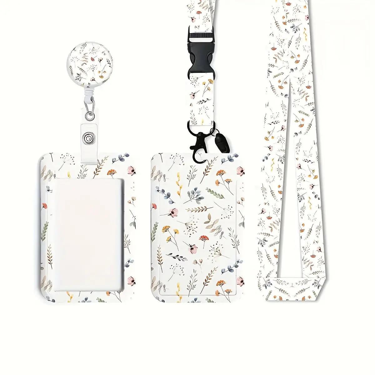 2D Badge Holder with Retractable Lanyard, Floral Plant Pattern, Soft Fiber ID Card Holder, Sturdy Metal Buckle, Ideal for Work, Nurses, Keys, Wallets