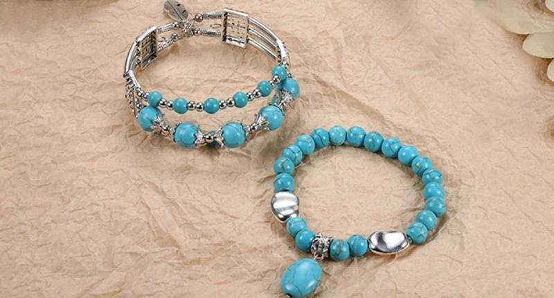 FUNRUN Boho Turquoise Jewelry Set - 14Pcs Dangle Earrings, Knuckle Rings, Wrap Bracelet, Layered Necklace & Sunflower Ring for Women