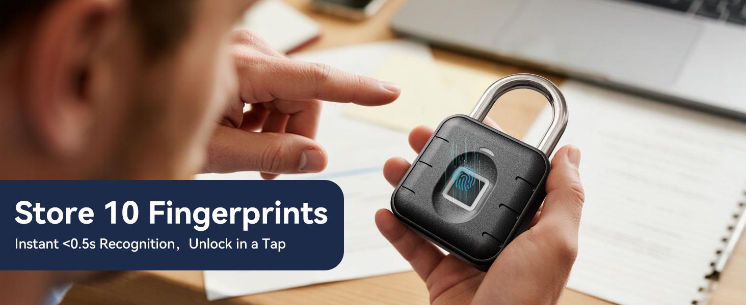 Padlock, Locker Lock, Gym Lock with TUYA App, IP67 Waterproof, 10 Fingerprints, Stainless Shackle for School Locker, Fence, Gym Locker & Gatres