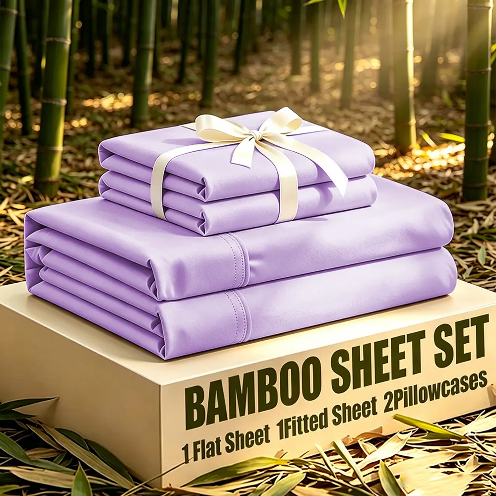 3/4-Piece Bamboo Cooling Bedding Set - Cooling Bed Sheets, Extra Deep Pocket, Breathable, Soft, Wrinkle-Resistant, Queen/King Sizes, Includes Pillowcases, Flat & Fitted Sheets, Ideal for Hot Sleepers, Family Gift