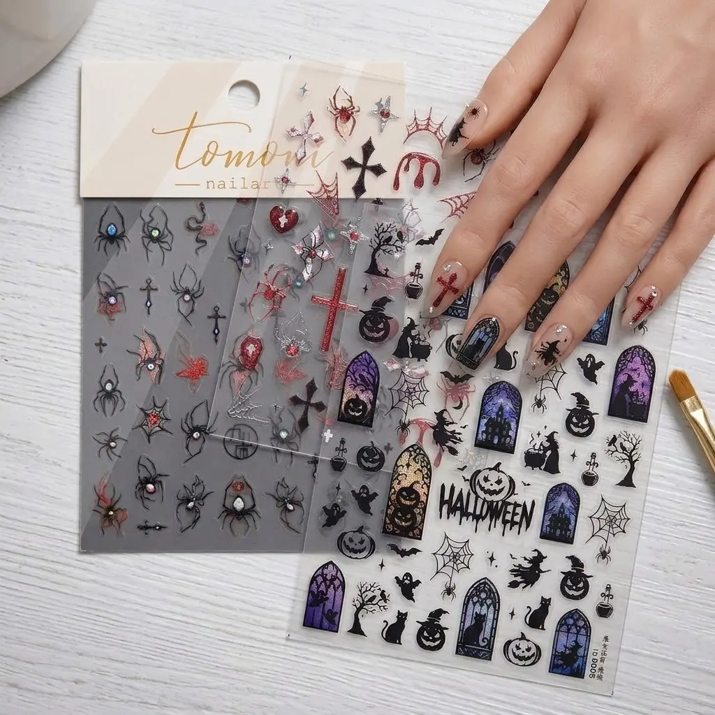 1 Sheet Dark Gothic Halloween Nail Art Stickers, Self-Adhesive Spider Web Cross Pumpkin Cat Decals, DIY Home Manicure Decorations