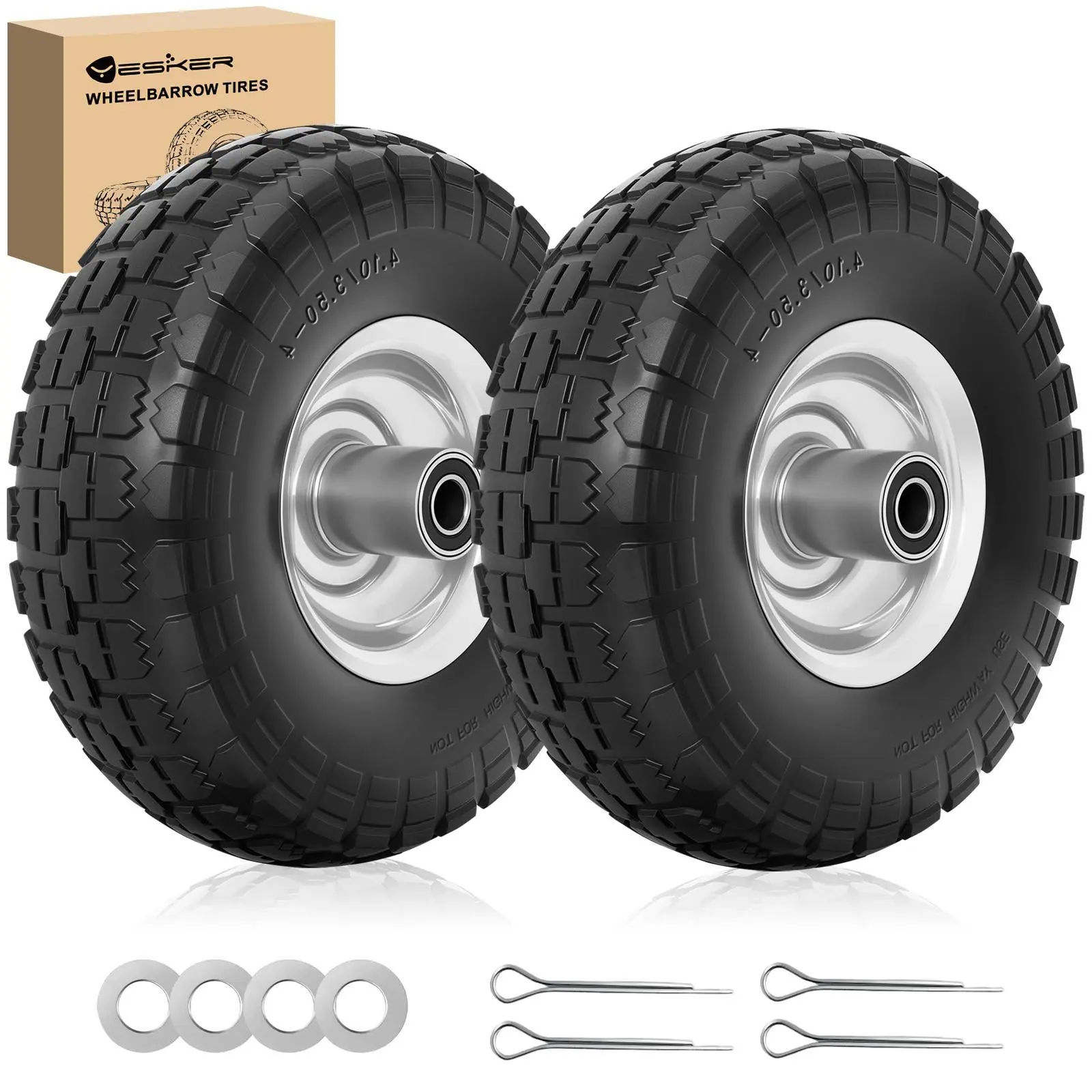 Yesker 4.10/3.50-4" Polyurethane Flat-Free Tires & Wheels with Reinforced Steel Rim, 10-inch Wheel Diameter, 5/8" Axle Bore, 2.2" Offset Hub, 2 Tires for Wheelbarrows, Dolly Cart Yardwork Traction