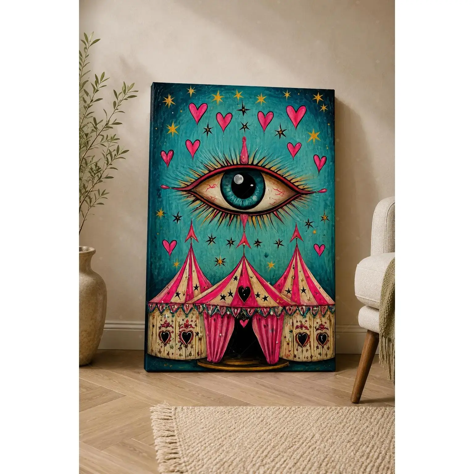 Whimsical Teal Mystic Eye Carnival Poster, Pink Hearts Golden Stars and Striped Circus Tent Wall Decor for Living Room, Bedroom, Dorm, Studio, Reading Nook, Eclectic Boho Folk Style Fantasy Gift