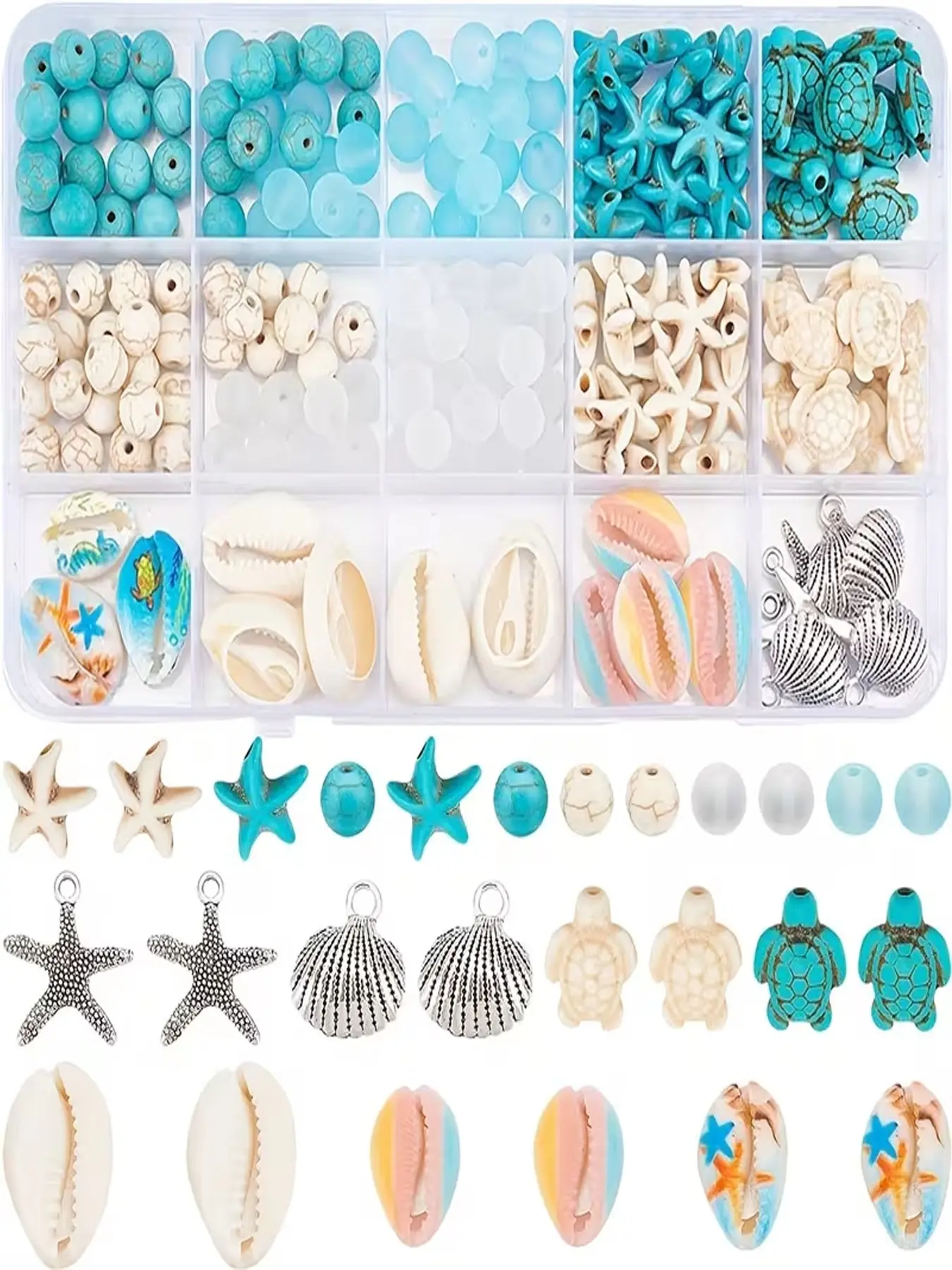 Colorful Ocean Animal Pendant Kit, Starfish Beads, Turtle Beads, Lucky Turquoise, Summer Beach Jewelry, DIY Craft Supplies