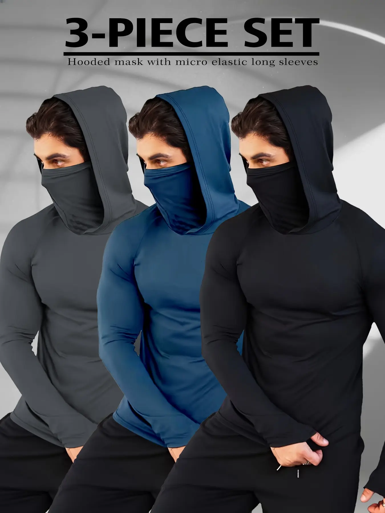 Men's 3 Pack Long Sleeve Hooded Shirts, Integrated Face Mask Micro Elastic Compression, Ninja Style Gym Workout Training Athletic Tops for Men