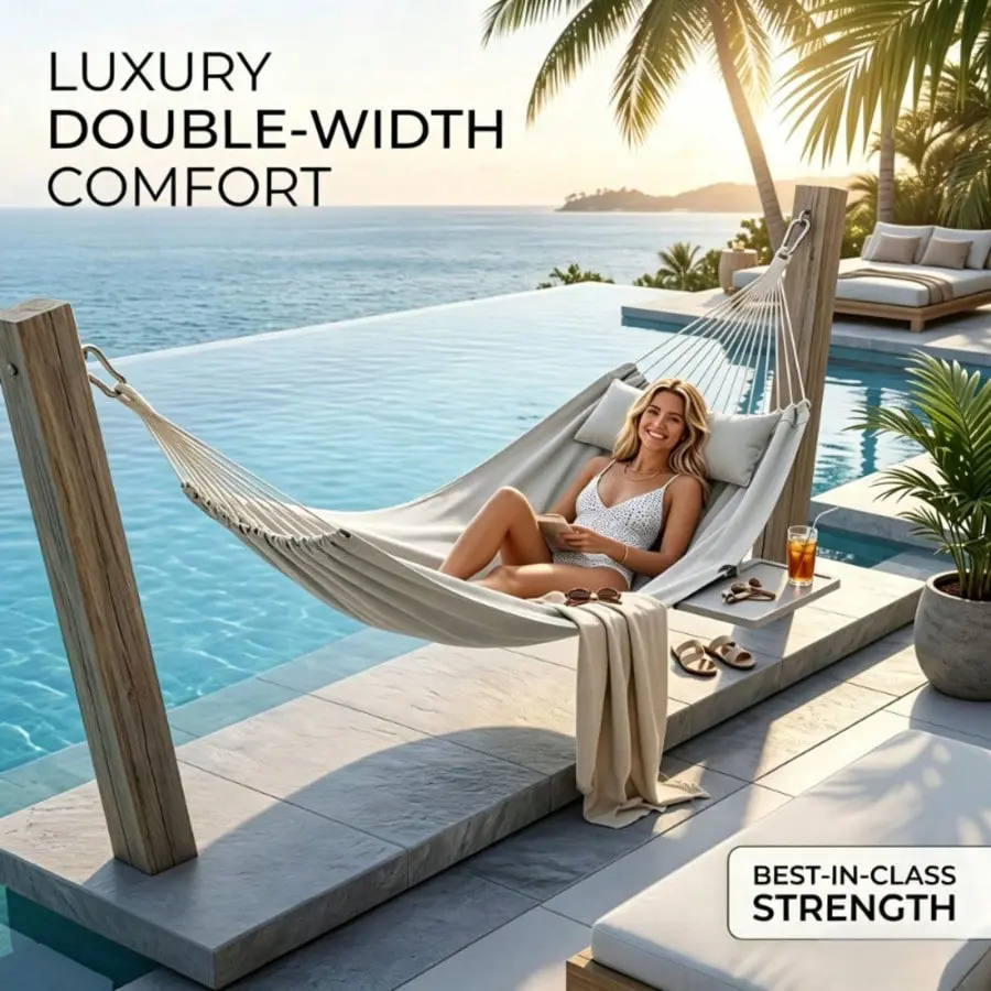 Rod-less canvas hammock, 200CM, durable and easy to clean. Comes with a portable tote bag, perfect for outdoor, indoor and camping use. Accommodates 2 people, perfect for couples and friends.