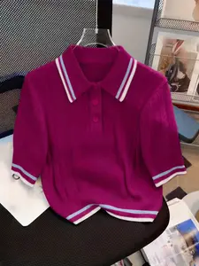 Women's Polo Neck Knit Short Sleeve Top, Elegant College Style, Summer High-End Hollow Out Design, Fashionable Ladies' Shirt