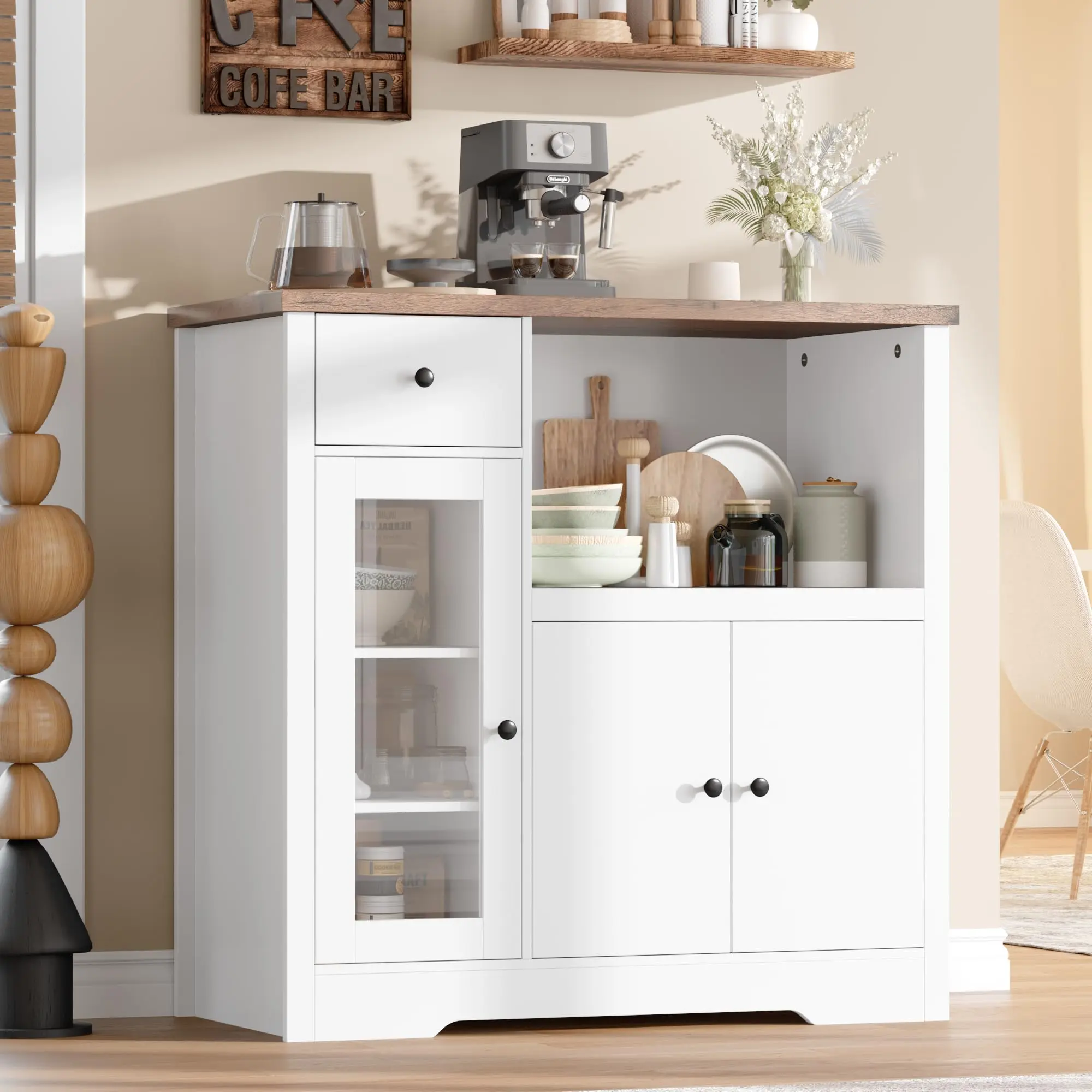 Wooden Kitchen Microwave Storage Cabinet - Durable, Space-Saving Modern Small Buffet with Glass Doors, Adjustable Shelf, Drawers, Wide Top for Dining Room, Living Room - Easy to Clean Indoor Cupboard, Wood, 1 Storage Cabinet
