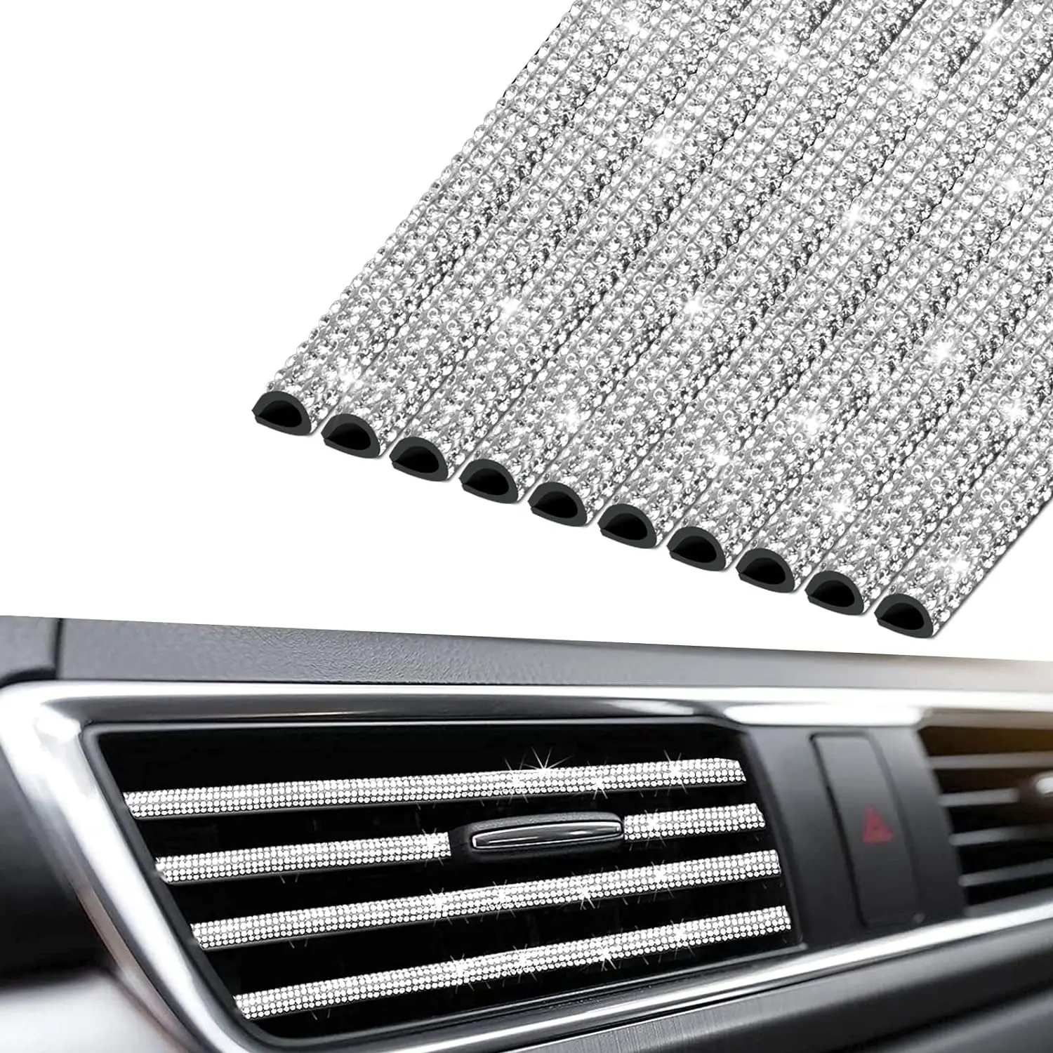 Fashionable Elegance Luxurious Rhinestone 10-Count Car Air Vent Outlet Trim Strips, 3.74in Bling Interior Molding Accessories for Girls, White Festival Decor