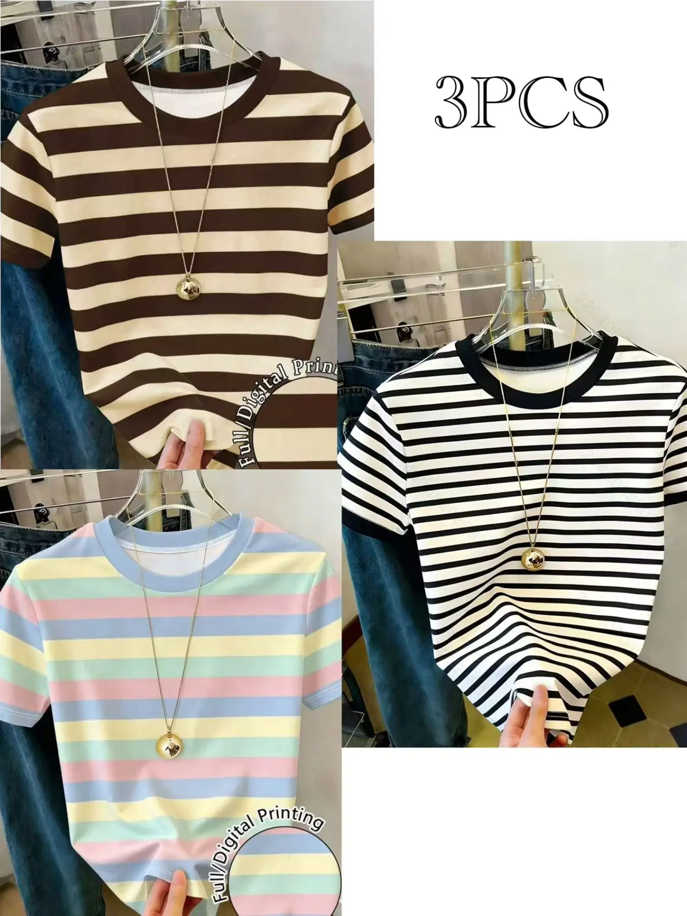 3-Pack Women's Striped Colorblock T-Shirts, Spring Summer Short Sleeve Round Neck Sports Tops, Casual Slim-Fit Heart Pattern