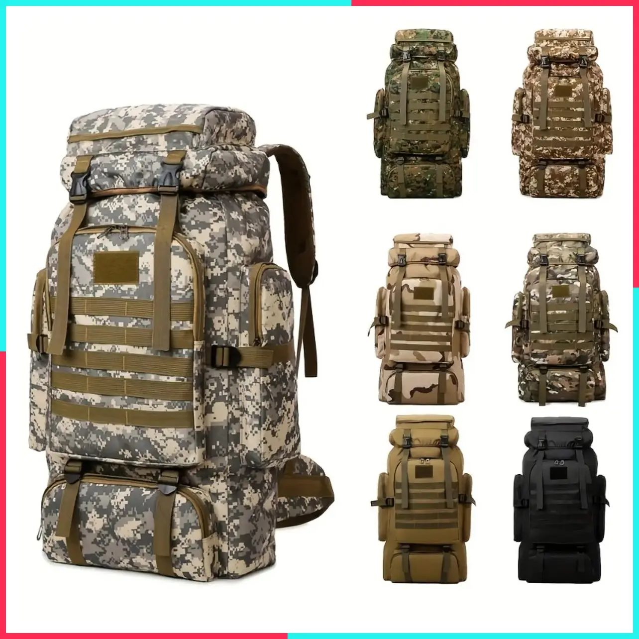 80L Large Capacity Hiking Backpack Waterproof Oxford Camping Bag Durable Lightweight Trekking Mountaineering Climbing Tactical Survival Gear for Men with Camouflage Design and Adjustable Straps