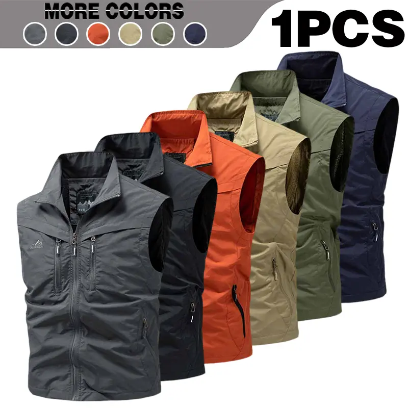 Outdoor versatile men's multi pocket workwear vest, quick drying breathable fishing photography stand up collar vest