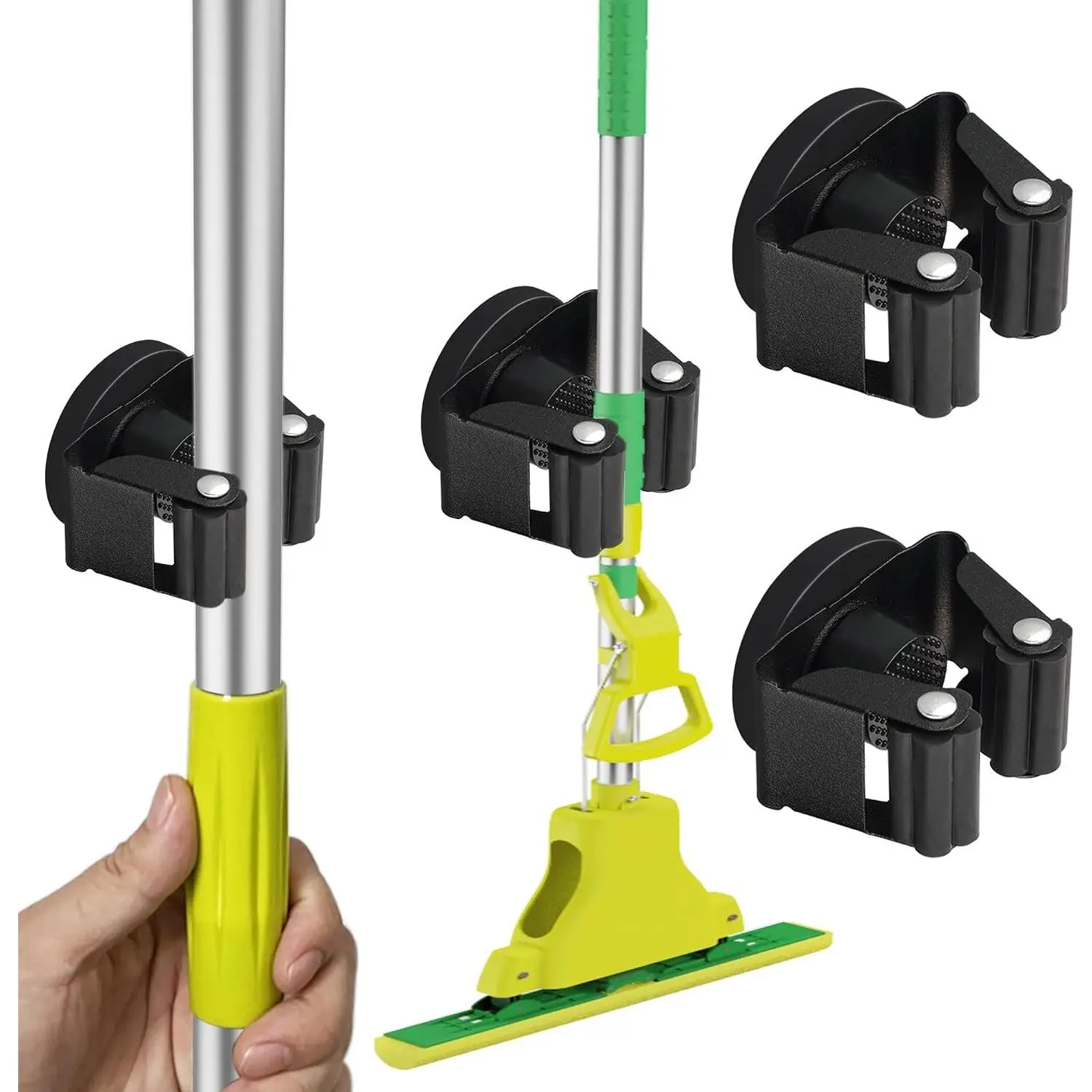 Magnetic Mop Broom Holder,Heavy Duty Movable Magnetic Broom Holder Rack,Anti-slip Wall Mounted Utility Storage Mop Shovel Gripper Hanger for Garage, Kitchen, Laundry, Garden(2 Pack/Black)