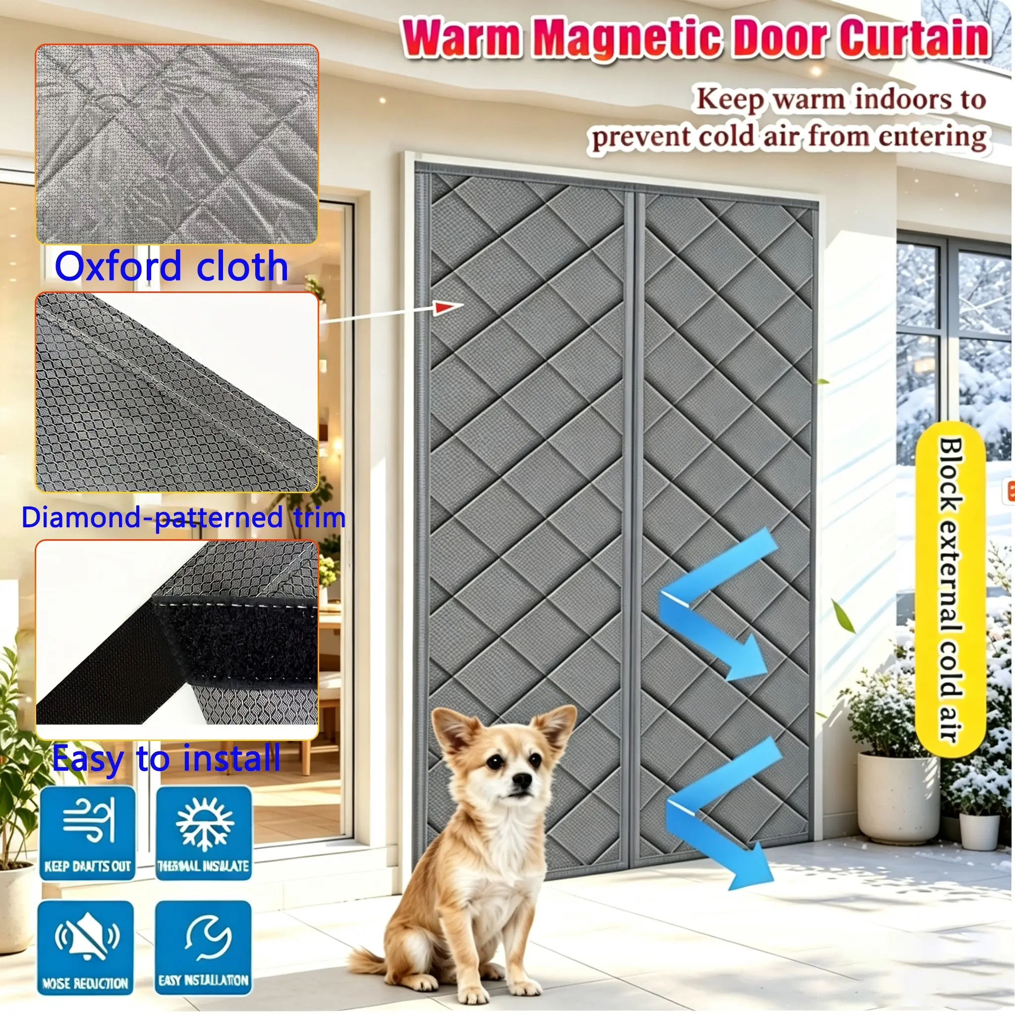 Magnetic Thermal Door Curtain, Thick Quilted Oxford Cloth, Windproof Insulated, Cold Air Blocking, Soundproof, Easy Install, Home Patio Garage