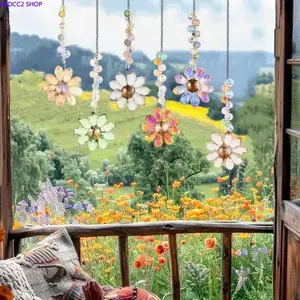 Set of 6 Crystal Flower Hanging Ornament Suncatcher, Rainbow Maker Window Sun Catcher Indoor Outdoor Patio Garden Decor