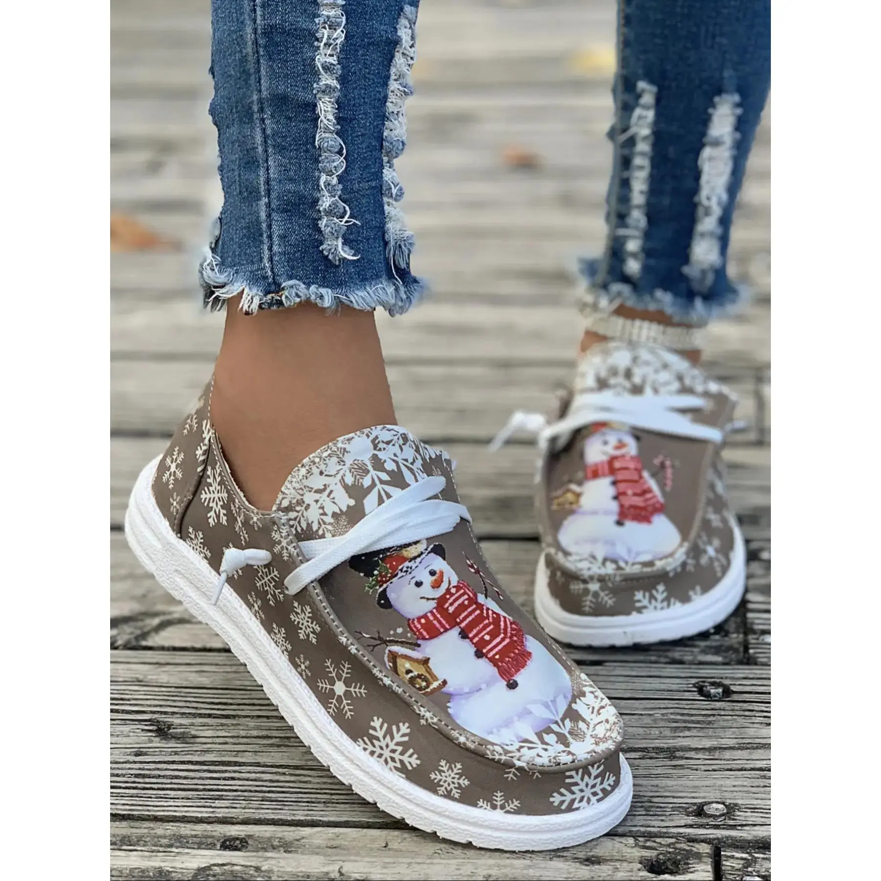 New Christmas Snowman Pattern Casual Low Top Women's Single Shoes, Lightweight Comfortable Textile Upper Rubber Sole, & Fall, On Shoes, Shoes Flats