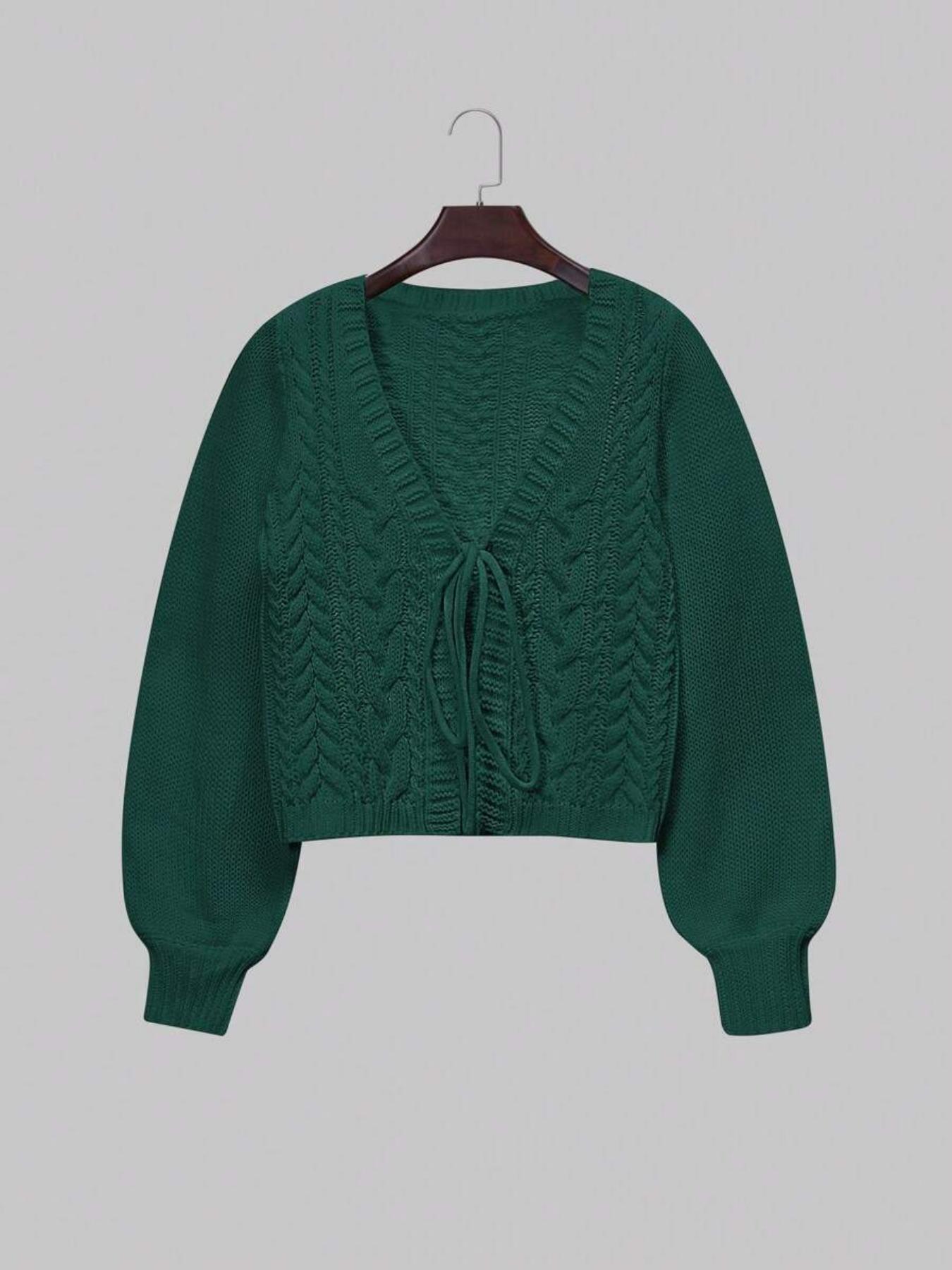 Women's Solid Drop Shoulder Long Sleeve Cardigan, Lady Knitting Tops, Minimalist Casual Tie Front Knitwear With V Neck For Fall & Winter