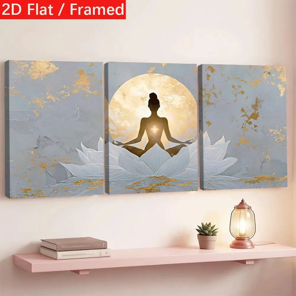 2D canvas, 3-piece framed canvas wall art set |   Zen yoga meditation theme with lotus silhouette, sitting posture under the moon, abstract artwork with gold foil texture |   Aesthetic Wrapped Canvas Frame Wall Decoration, Suitable for Living Room, Bedroo