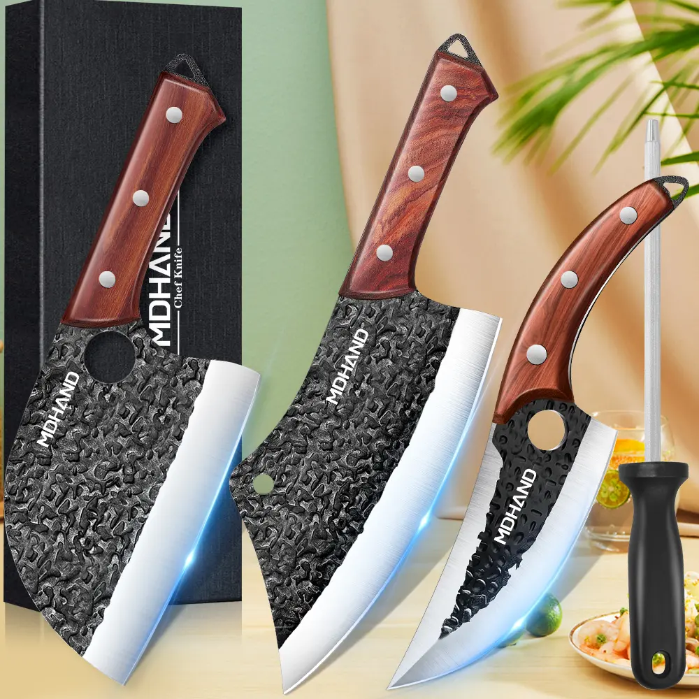 MDHAND 4-Piece Hand Forged Butcher Knife Set With Sharpener Steel Serbian Chef Knife, Meat Cleaver, Viking Knives, For Meat Fruit Vegetable Fish