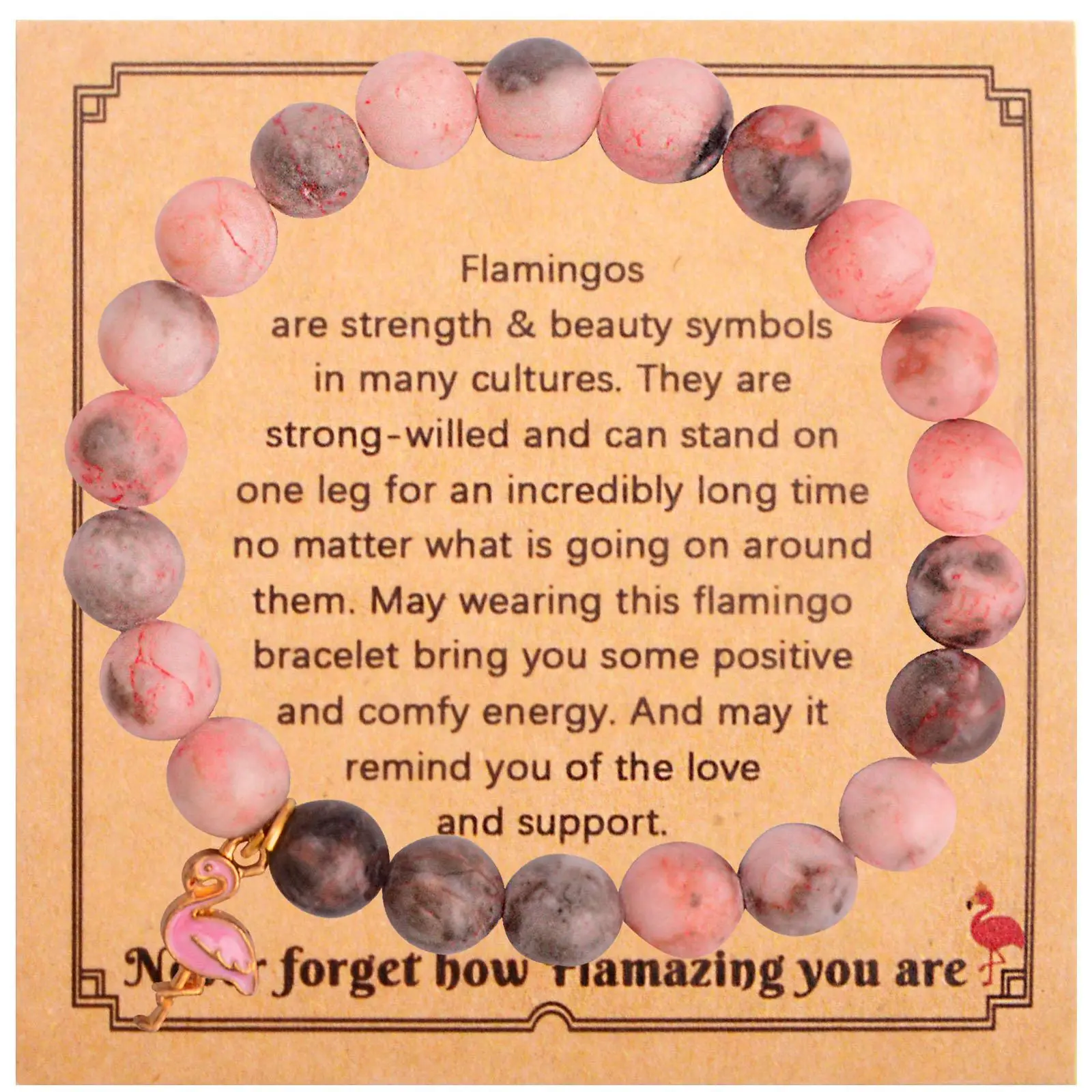 1pcs Healing Natural Stone Crystal Beaded Stretch Bracelet Pink Zebra Elastic Never Forget How Flamazing You are Flamingo Inspirational Bracelet with Card Gift Bag for Women Birthday Gifts