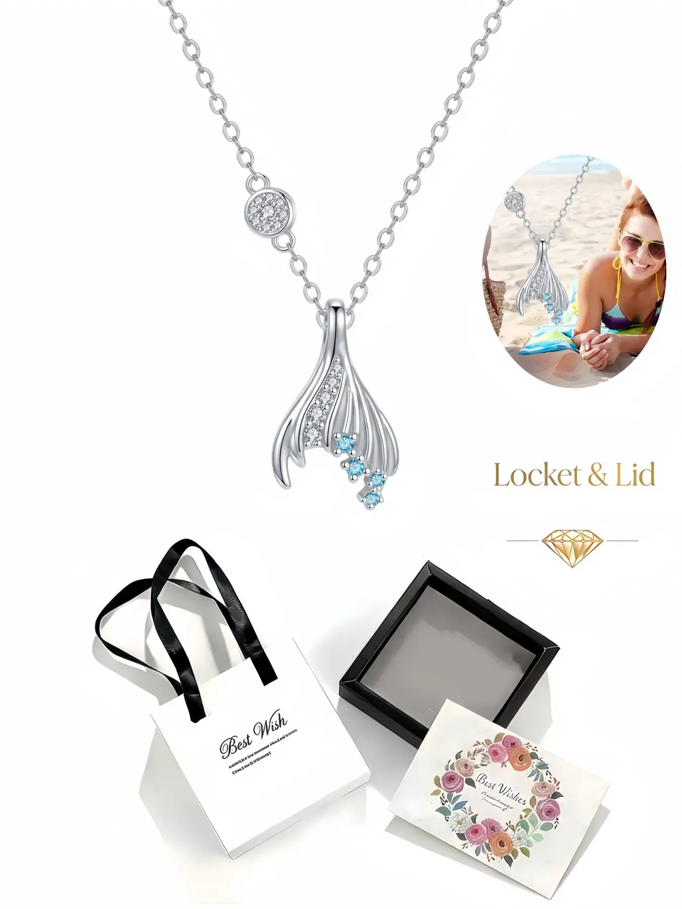 Deep Sea Fairy Tale Unique mermaid tail necklace with blue diamonds. With delicate drawer jewelry box. Perfect gift for Birthday, Mother's Day, Valentine's Day, Christmas & Anniversary