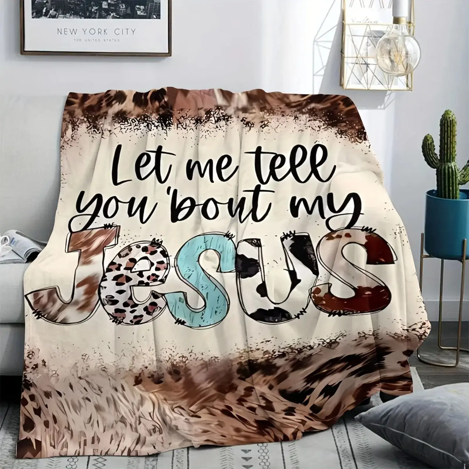 Western Fashion Jesus Print Flannel Throw Blanket - Vintage Inspirational "Let Me Tell You Bout My Jesus" Design, All-Season Lightweight Cozy Shawl, Multipurpose Home Decor Gift for Adults (Office, Bed Use), Jesus Print Blankets, Western Fashion Blankets