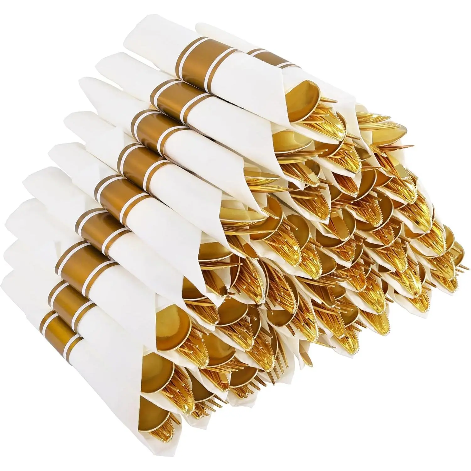 Pre Rolled Gold Plastic Silverware Sets - Heavy Duty Gold Cutlery, 50 Pack Wrapped Disposable Utensils with Napkins for Parties Dinners Weddings