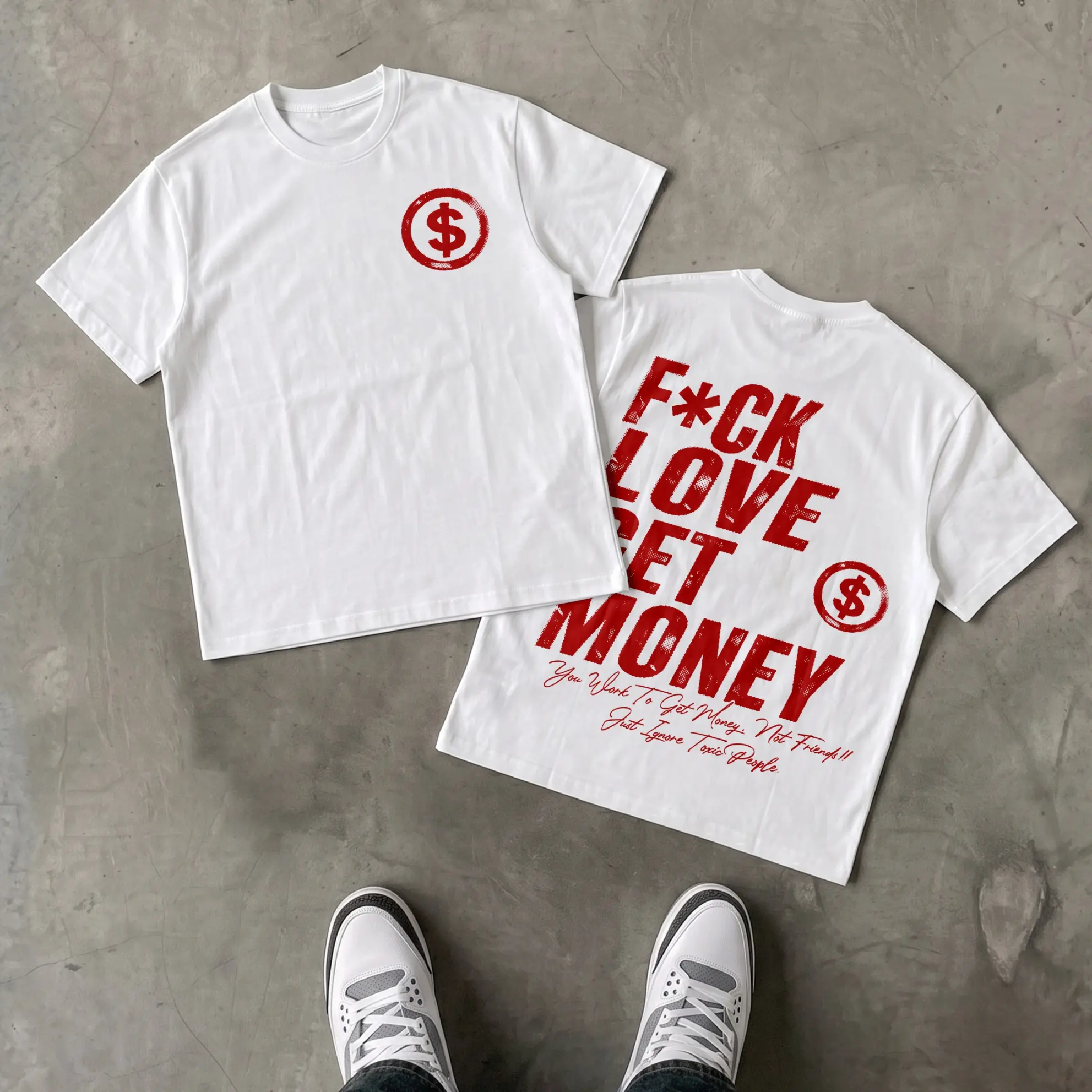 Dollar Sign and “Fck Love Get Money” Letter Print 100% Cotton T-Shirt, Unisex Loose T-Shirt, Casual and Comfortable Men’s Tee for Daily Outings and Relaxing at Home