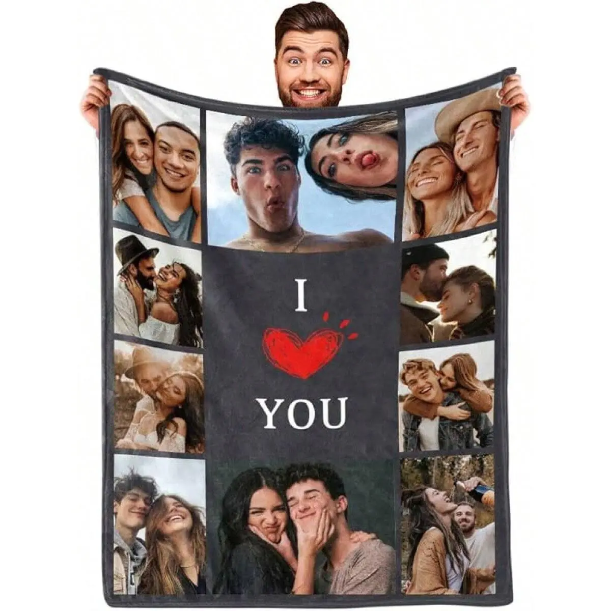 Custom "I Love You" 10-Photo Flannel Commemorative Blanket, Personalized Heart Couple Memory Soft Throw, Cozy Romantic Partner Gift for Anniversary Valentine, Couch Bed AC Room Home Decor Keepsake